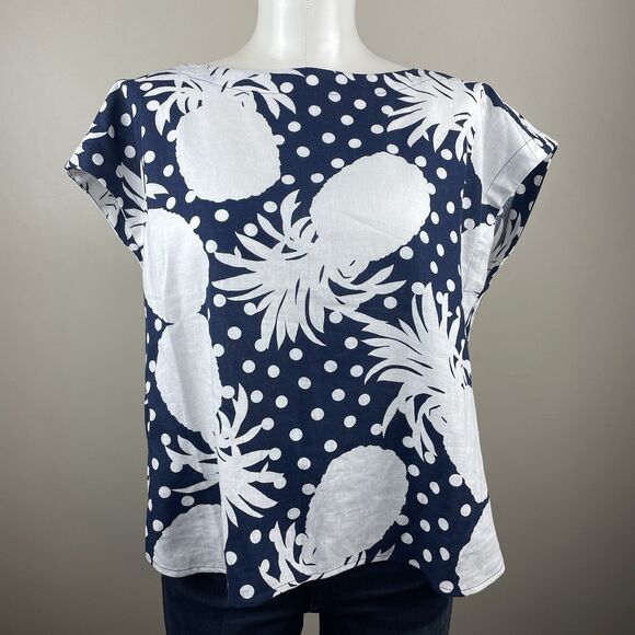 Ann Taylor Womens Petite L Blue White Pineapple Polka Dot Linen Blend Blouse - Picture 1 of 9